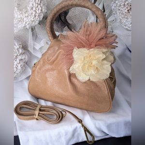 Talbots Genuine Leather Handbag/Crossbody Tan w/Silk Flowers